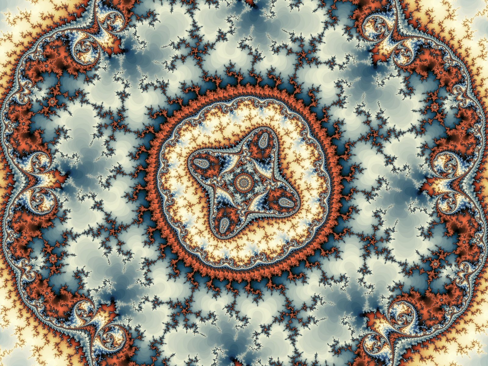 Abstract fractal HD PC desktop wallpaper and background featuring an ornate central medallion in teal, gold and rust, with radiating spirals and delicate branching patterns.