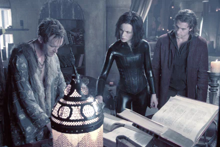 HD desktop wallpaper featuring Scott Speedman, Kate Beckinsale, and another actor from the movie Underworld: Evolution, gathered around an ancient book in a dimly lit room.