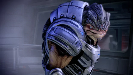 HD desktop wallpaper featuring Grunt from Mass Effect, poised for action in a sci-fi environment.