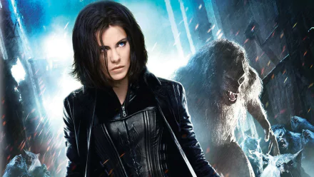 Kate Beckinsale stars in Underworld: Awakening, depicted in this dynamic HD wallpaper with a fierce expression against a backdrop of a lurking creature.