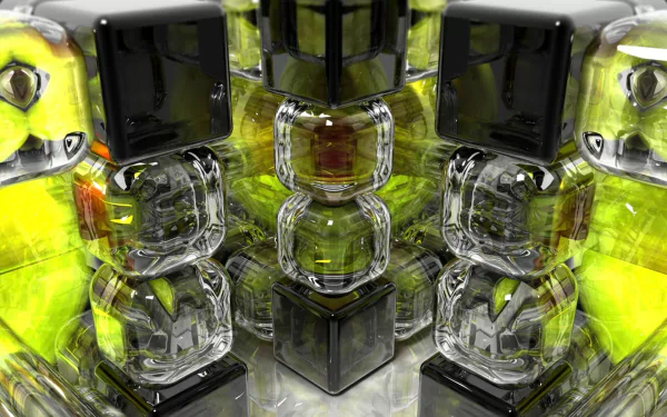 HD PC desktop wallpaper featuring a 3D CGI abstract composition of transparent and black glass cubes arranged in a reflective square formation with vibrant yellow-green highlights.