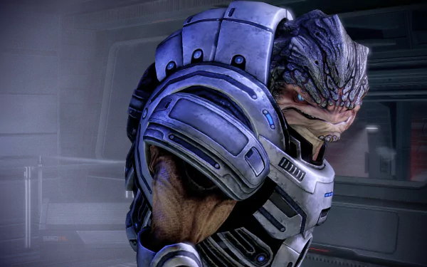 HD desktop wallpaper featuring Grunt from Mass Effect, poised for action in a sci-fi environment.