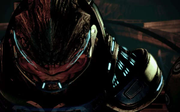 HD desktop wallpaper featuring Grunt from Mass Effect, with a focus on his armored head and glowing visor.