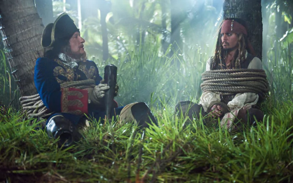 Geoffrey Rush as Hector Barbossa and Johnny Depp as Jack Sparrow sit amidst lush greenery in a scene from *Pirates of the Caribbean: On Stranger Tides*, showcasing their captivating dynamic.