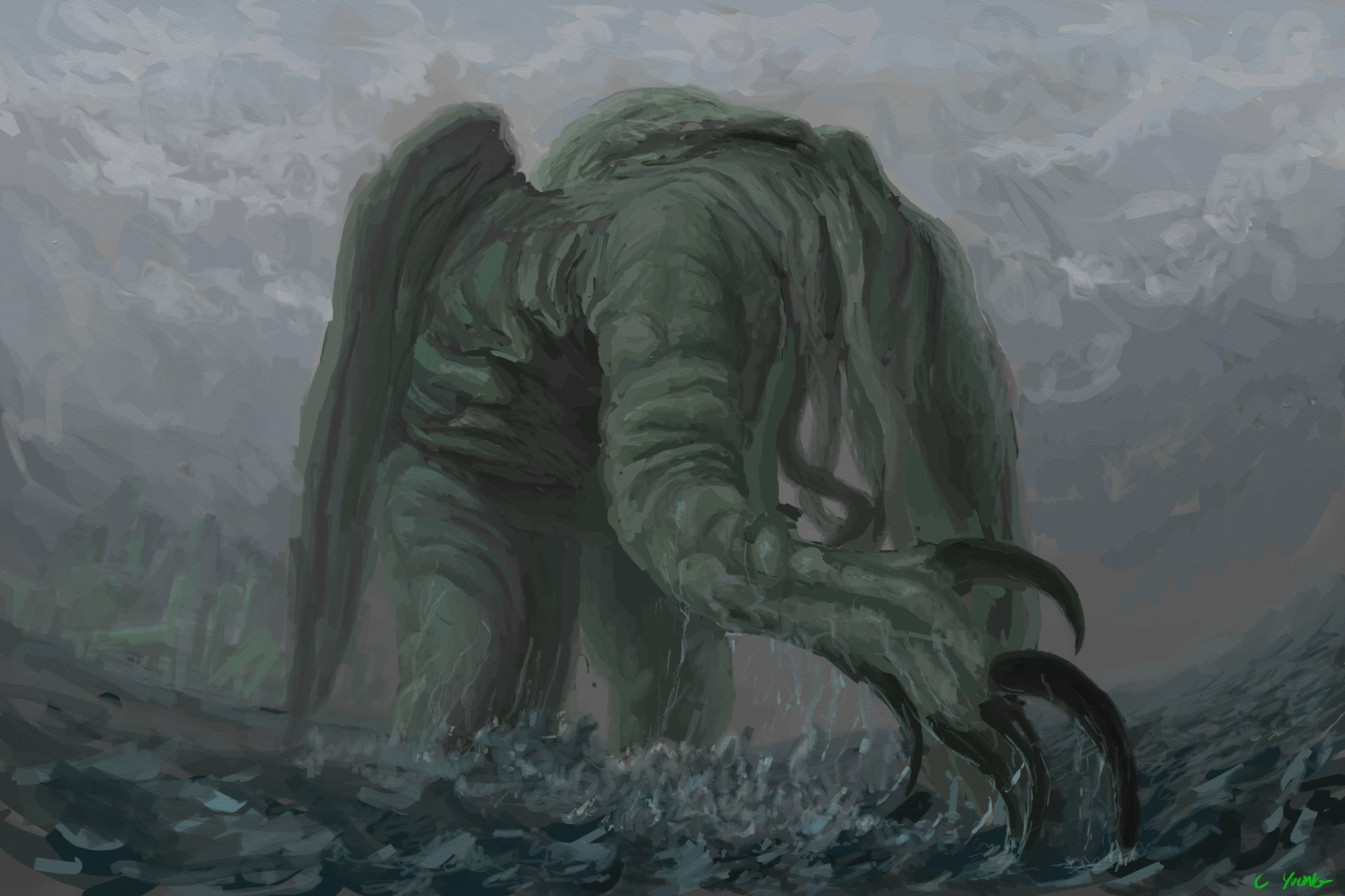 Fantasy Cthulhu rising from a stormy sea, towering tentacled face and clawed limbs beneath dark, swirling clouds — 2K Quad HD PC desktop wallpaper/background.