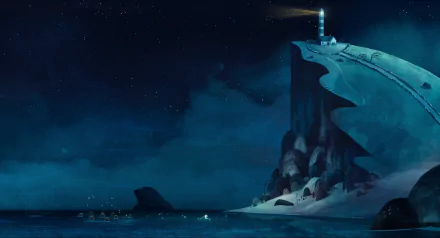 HD desktop wallpaper of Song of the Sea, featuring a lighthouse on a cliff at night with a starry sky backdrop.