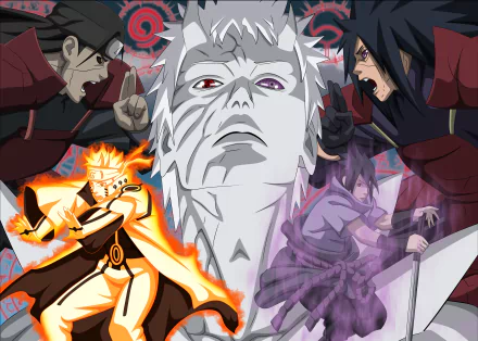HD desktop wallpaper featuring characters Hashirama Senju, Madara Uchiha, Obito Uchiha, Sasuke Uchiha, and Naruto Uzumaki from the anime Naruto in an intense, dynamic pose setup.
