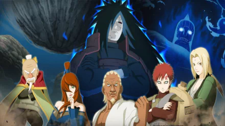 HD desktop wallpaper featuring characters Madara Uchiha, A, Ōnoki, Mei Terumi, Gaara, and Tsunade from the anime Naruto, depicted in action poses.