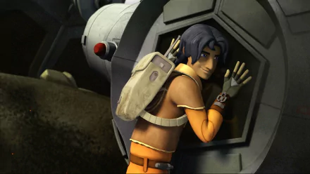 Ezra Bridger from Star Wars Rebels is shown in this HD PC desktop wallpaper, pressing against a circular metallic door with a determined expression.