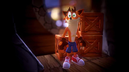 HD wallpaper featuring Crash Bandicoot, the iconic video game character, standing next to wooden crates in a vibrant, colorful setting.