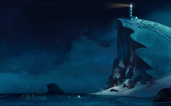 HD desktop wallpaper of Song of the Sea, featuring a lighthouse on a cliff at night with a starry sky backdrop.
