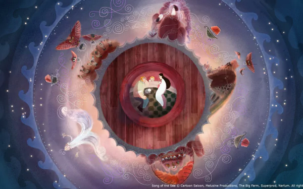 HD desktop wallpaper from Song of the Sea featuring a circular frame with marine life and a central character in a boat.