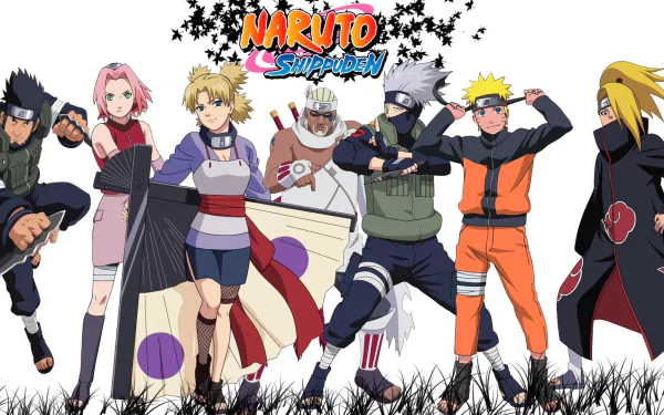 HD desktop wallpaper featuring characters from Naruto: Asuma Sarutobi, Sakura Haruno, Temari, Killer Bee, Kakashi Hatake, Naruto Uzumaki, and Deidara against a white background with the Naruto Shippuden logo.