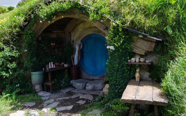 HD PC desktop wallpaper featuring a vibrant scene from The Hobbit: An Unexpected Journey, showcasing a cozy hobbit hole entrance surrounded by lush greenery.