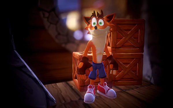 HD wallpaper featuring Crash Bandicoot, the iconic video game character, standing next to wooden crates in a vibrant, colorful setting.