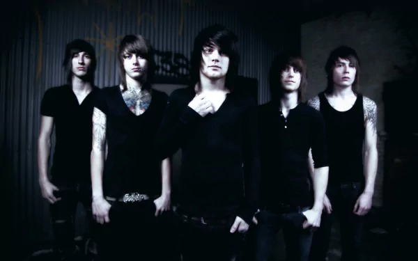 HD PC desktop wallpaper featuring the band Asking Alexandria posing against a dark background, reflecting their rock music style.