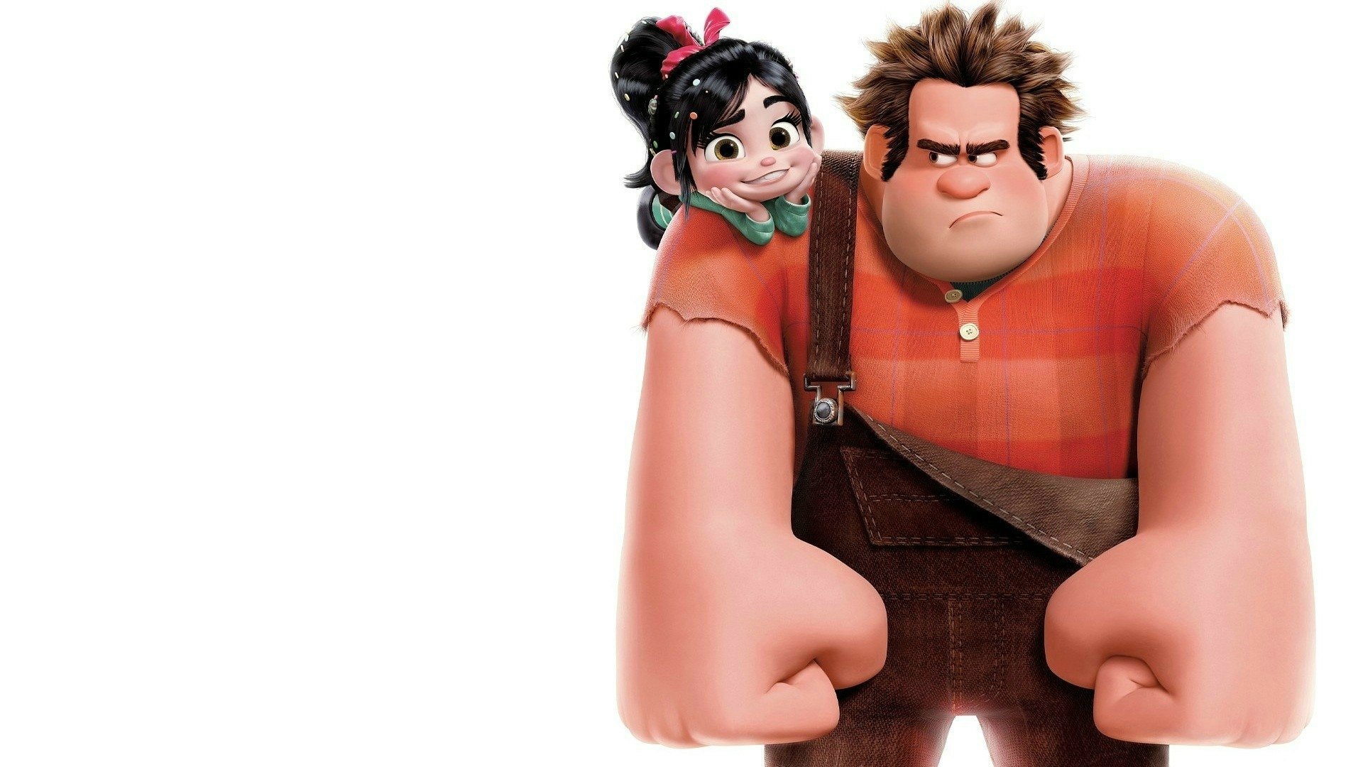 Movie Wreck-It Ralph HD PC desktop wallpaper and background showing Ralph scowling with Vanellope perched on his shoulder against a white background.