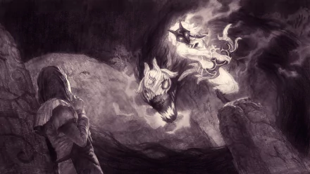 HD desktop wallpaper of Kindred from League of Legends, depicting Deaths in Runeterra. The dark, atmospheric image shows Kindred looming over a character in a forest setting.