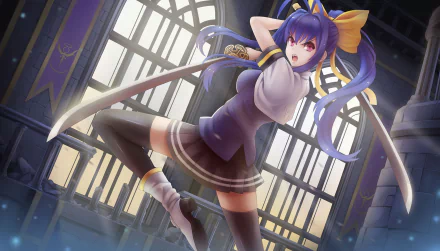 HD anime desktop wallpaper featuring Mai Natsume from BlazBlue in dynamic pose with twin swords, set against a grand window backdrop.