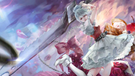 A dynamic HD desktop wallpaper featuring Riven from League of Legends, showcasing her striking pose with a large sword amidst a vibrant, colorful background.