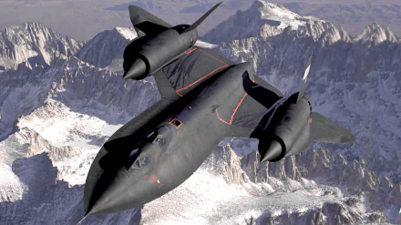 HD military desktop wallpaper featuring the Lockheed SR-71 Blackbird flying over rugged, snow-covered mountain terrain.