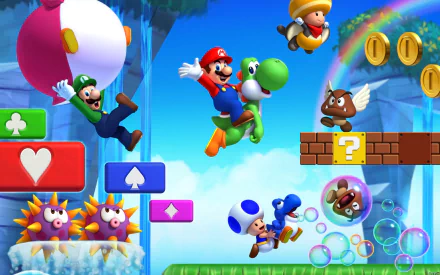 HD desktop wallpaper of New Super Mario Bros. U featuring characters Mario, Luigi, Yoshi, Toad, and a Goomba, set in a vibrant, colorful game scene with coins, blocks, and playful elements.