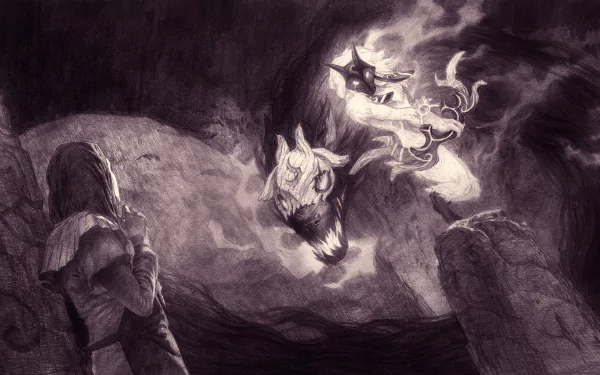 HD desktop wallpaper of Kindred from League of Legends, depicting Deaths in Runeterra. The dark, atmospheric image shows Kindred looming over a character in a forest setting.