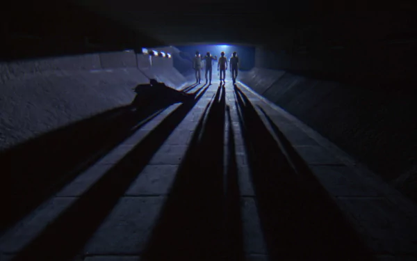 HD desktop wallpaper from the movie A Clockwork Orange, featuring silhouetted figures casting long shadows in a dark, narrow tunnel.