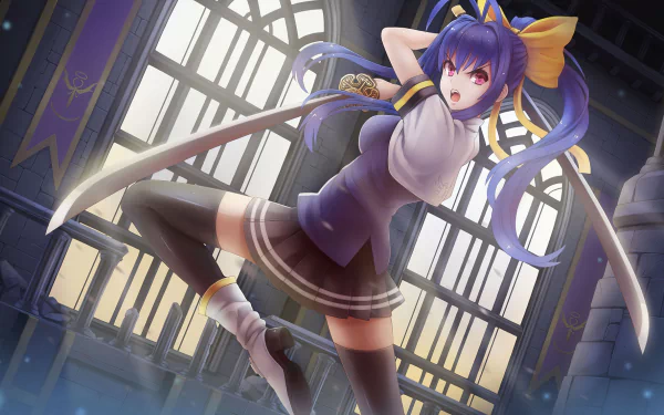 HD anime desktop wallpaper featuring Mai Natsume from BlazBlue in dynamic pose with twin swords, set against a grand window backdrop.