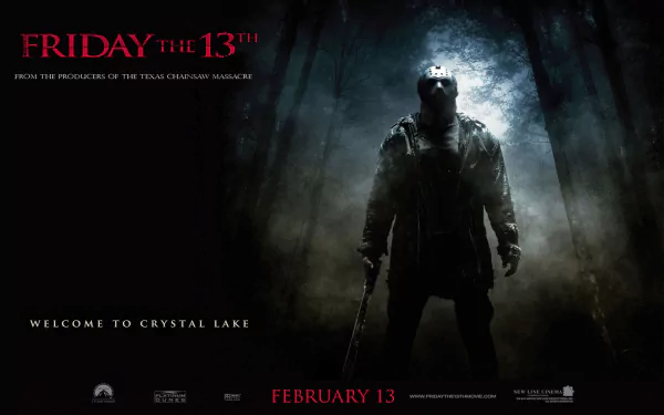 A moody HD wallpaper from the 2009 movie Friday The 13th, featuring a menacing figure in dark woods, promoting the horror of returning to Crystal Lake.
