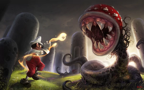 HD desktop wallpaper depicting Mario facing a Piranha Plant in a dramatic showdown. The scene is from the video game Super Mario Bros, featuring dark, atmospheric backgrounds.
