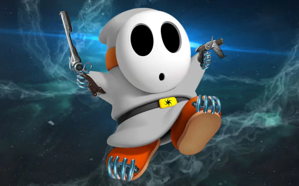 HD PC desktop wallpaper featuring a Shy Guy character from the Mario video game series, floating against a cosmic, blue-hued background.