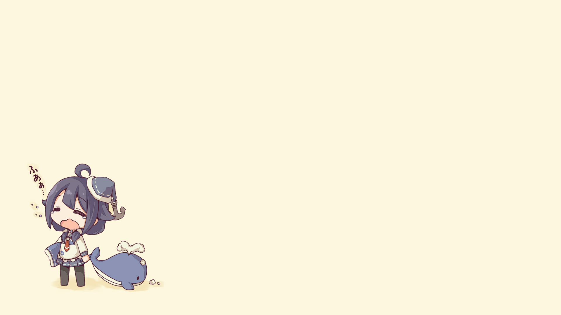 A charming anime illustration from Kantai Collection featuring a girl and a cute whale, set against a soft background, designed as an HD PC desktop wallpaper.