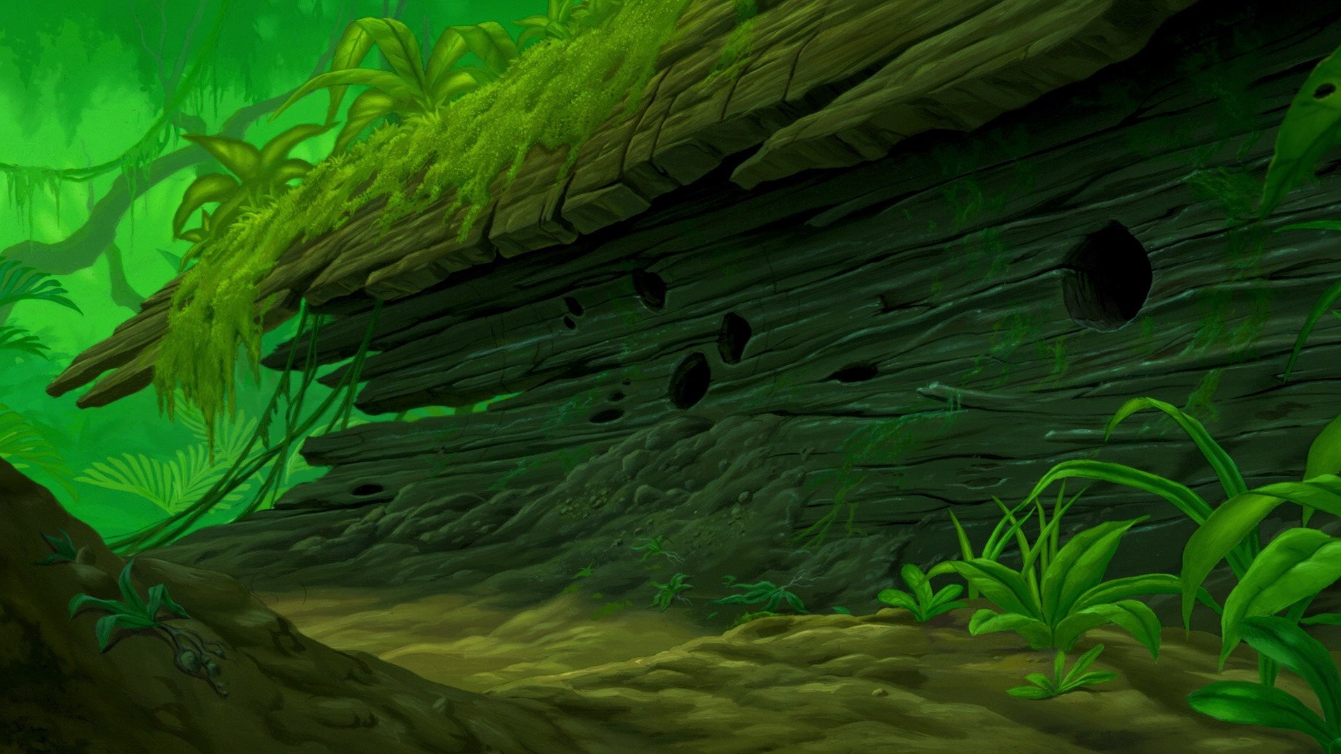 HD PC desktop wallpaper featuring a vibrant, lush green jungle scene inspired by the movie The Lion King (1994).