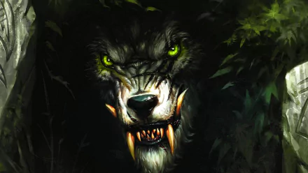 A dark and menacing werewolf emerges from the shadows, featuring glowing green eyes and sharp fangs, making a striking HD PC desktop wallpaper and background.
