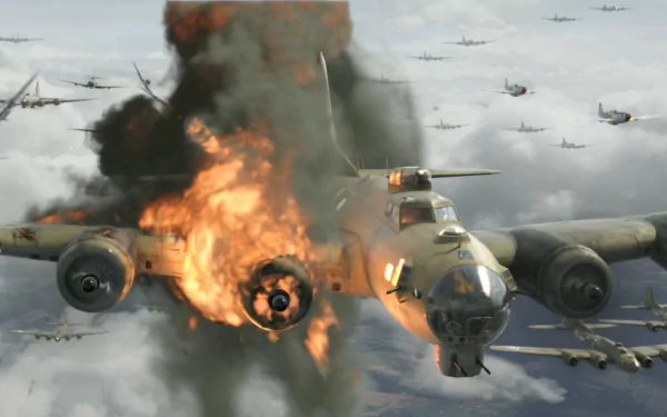 HD PC desktop wallpaper/background from the movie Red Tails: a flaming WWII bomber damaged midair among a formation of fighters over cloudy skies.