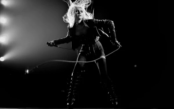 Black-and-white 4K Ultra HD wallpaper of Taylor Momsen performing energetically on stage with dramatic lighting, capturing the raw intensity of her music.