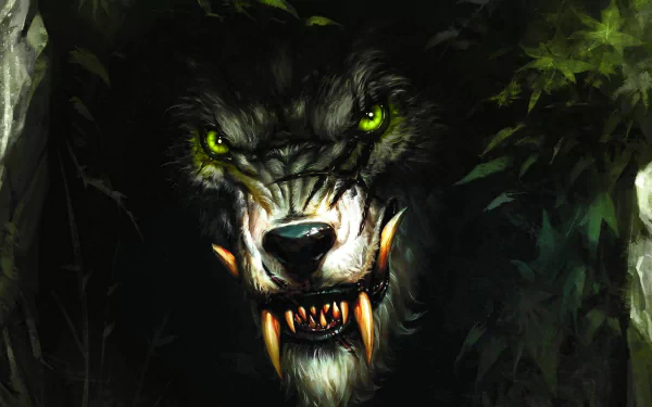 A dark and menacing werewolf emerges from the shadows, featuring glowing green eyes and sharp fangs, making a striking HD PC desktop wallpaper and background.