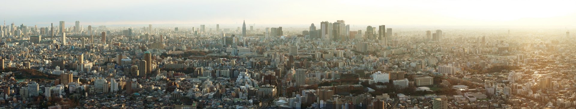 Man-made Tokyo skyline at golden hour, dense urban sprawl and high-rises; 2K Quad HD PC desktop wallpaper/background.