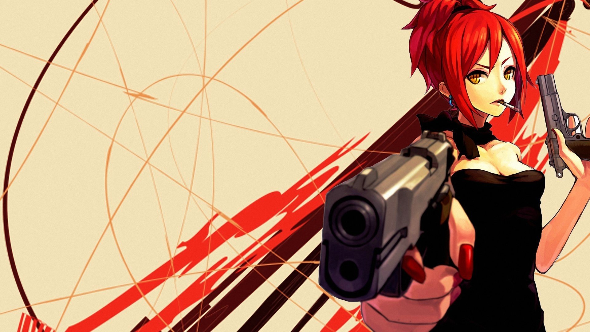 A striking HD desktop wallpaper featuring an anime girl with red hair, holding a gun and exuding confidence against an abstract background with dynamic lines.