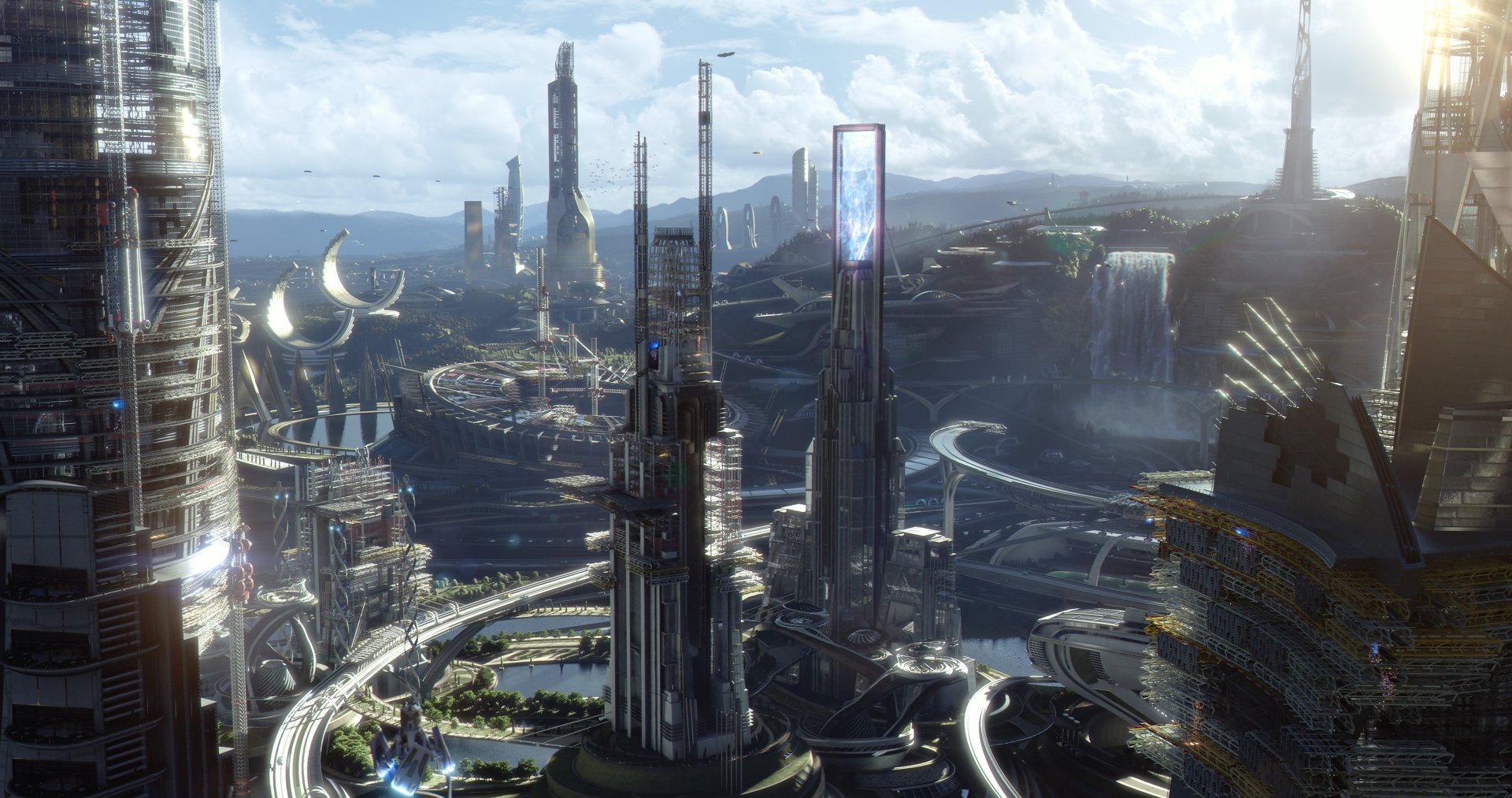 HD desktop wallpaper featuring the futuristic cityscape of Tomorrowland with sleek architecture and advanced technology.