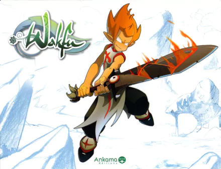 Anime character Tristepin from Wakfu strikes a dynamic pose, wielding a fiery sword against a vibrant, stylized background. This HD image serves as an engaging desktop wallpaper.