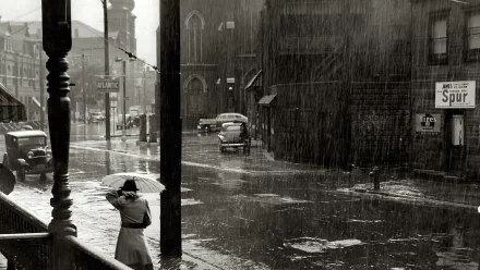 A black and white photograph capturing a rainy city scene, featuring a figure with an umbrella on a wet street, evoking a nostalgic atmosphere. HD desktop wallpaper and background.
