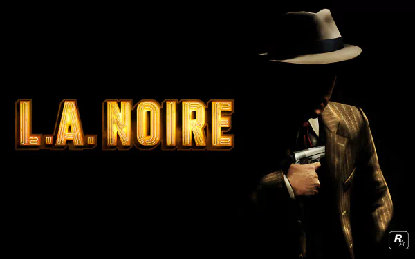 HD PC desktop wallpaper featuring a shadowy detective from the video game L.A. Noire, with the game's title glowing in vintage font on a dark background.