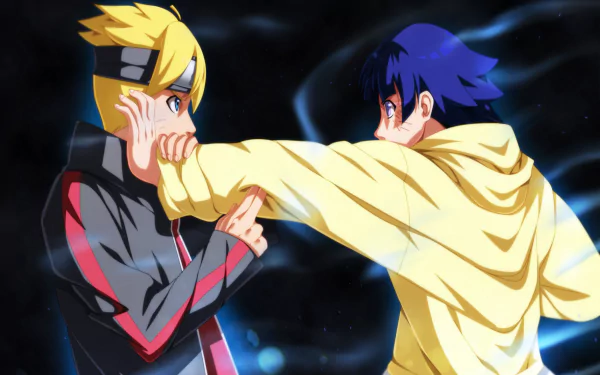 HD desktop wallpaper featuring Himawari Uzumaki and Boruto Uzumaki from the anime Boruto: Naruto the Movie. Boruto is blocking an attack from Himawari, with dynamic energy effects in the background.