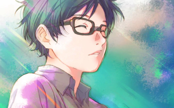 A serene HD wallpaper featuring Kousei Arima from the anime Your Lie in April, capturing a moment of reflection with soft colors and gentle light.