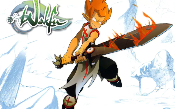 Anime character Tristepin from Wakfu strikes a dynamic pose, wielding a fiery sword against a vibrant, stylized background. This HD image serves as an engaging desktop wallpaper.