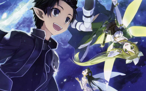 A vibrant HD wallpaper featuring Kirito, Leafa, and Yui from Sword Art Online, set against a starry night sky, capturing the essence of this popular anime series.