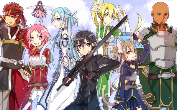 A vibrant HD wallpaper featuring characters from Sword Art Online, including Kirito, Asuna, Leafa, Silica, Yui, Lisbeth, Agil, and Klein, set against a fantasy backdrop.