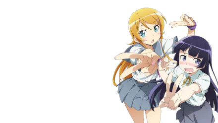 HD PC wallpaper of Oreimo anime: Kirino Kousaka (blonde) and Ruri Gokō (dark-haired) smiling and striking poses on the right against a white background.